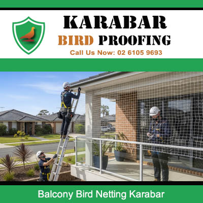 Technician installing balcony bird netting on residential home exterior in Karabar suburb